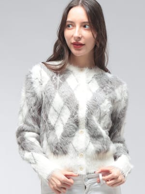 Calvin Klein (カルバンクライン) レディース カーディガン 長袖 ファジー アーガイル クルーネック ニット CKLLV044E317G