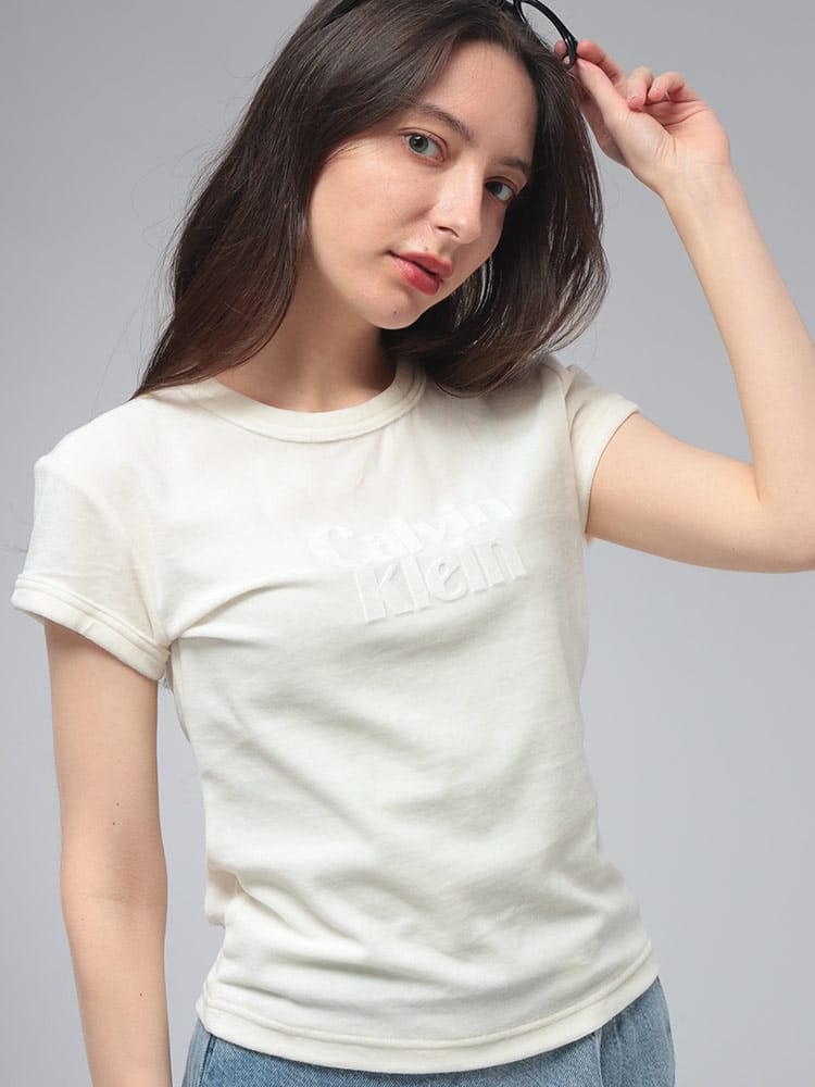 Calvin Klein (カルバンクライン) レディース Tシャツ 半袖 ベロア ロゴ クルーネック カットソー CKLLV047E222G