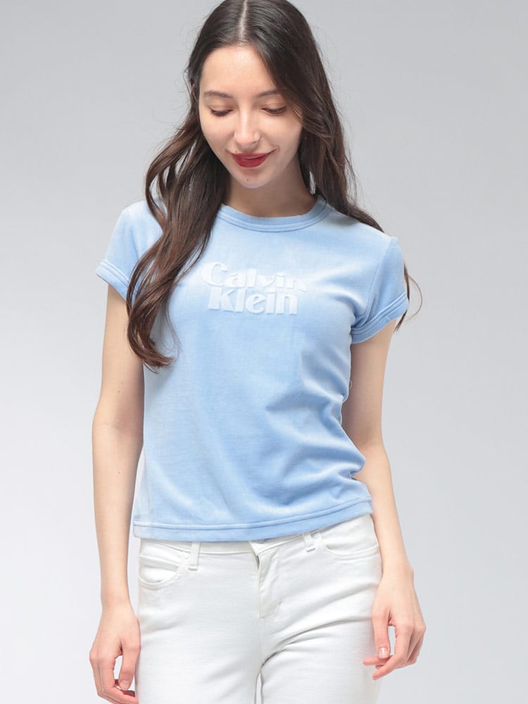 Calvin Klein (カルバンクライン) レディース Tシャツ 半袖 ベロア ロゴ クルーネック カットソー CKLLV047E222G