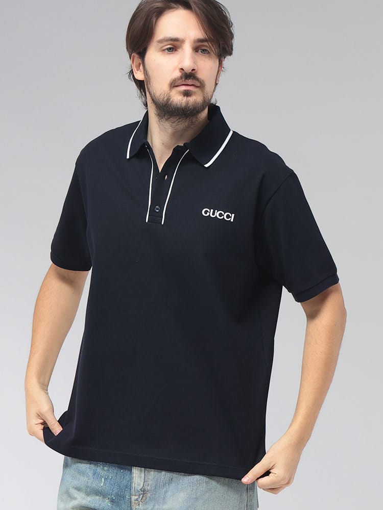 GUCCI (グッチ) メンズ ポロシャツ 半袖 胸ロゴ ライン シャツ 