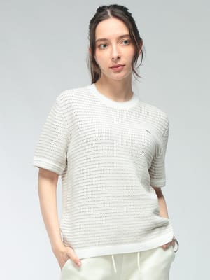 Maison Kitsune (メゾン キツネ) レディース ニット Tシャツ 半袖 LACE KNIT STRIPED ワンポイント クルーネック プルオーバー KNLW00804KT1206