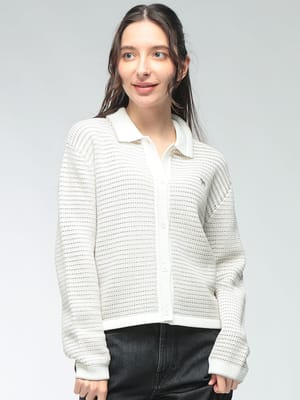 Maison Kitsune (メゾン キツネ) レディース カーディガン 長袖 LACE KNIT STRIPED ワンポイント 襟付き ニット KNLW00509KT1206