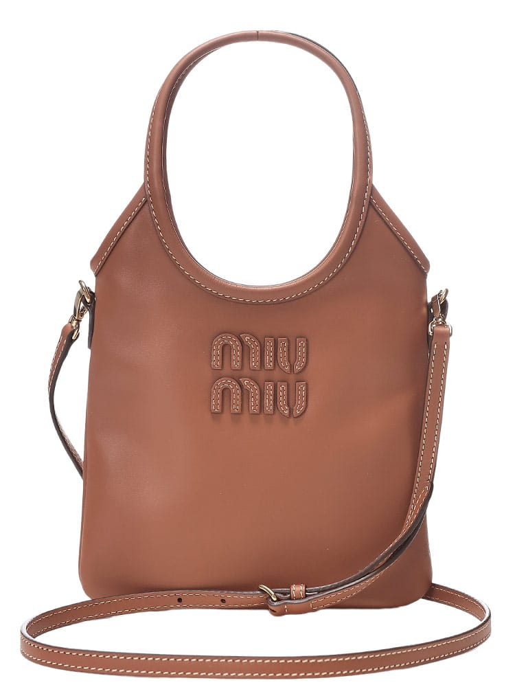 MIU MIU (ミュウミュウ) レディース ハンドバッグ ソフティ レザー ロゴ ステッチ パッチポケット リネン ファブリック ライニング バッグ MIU5BA2812CRW