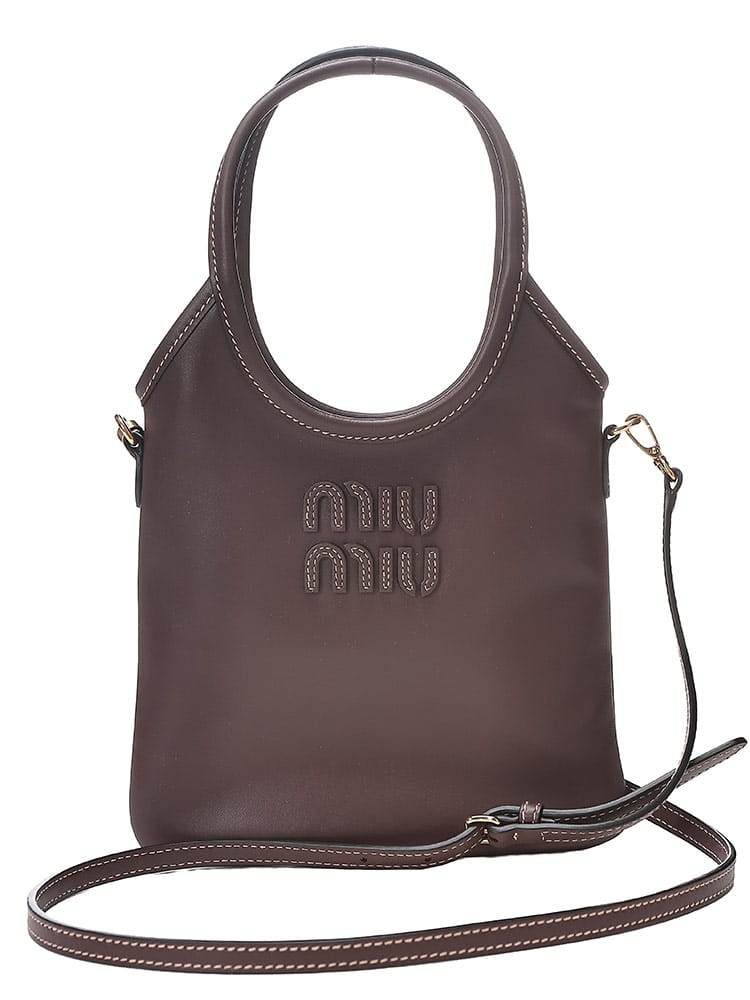 MIU MIU (ミュウミュウ) レディース ハンドバッグ ソフティ レザー ロゴ ステッチ パッチポケット リネン ファブリック ライニング バッグ MIU5BA2812CRW