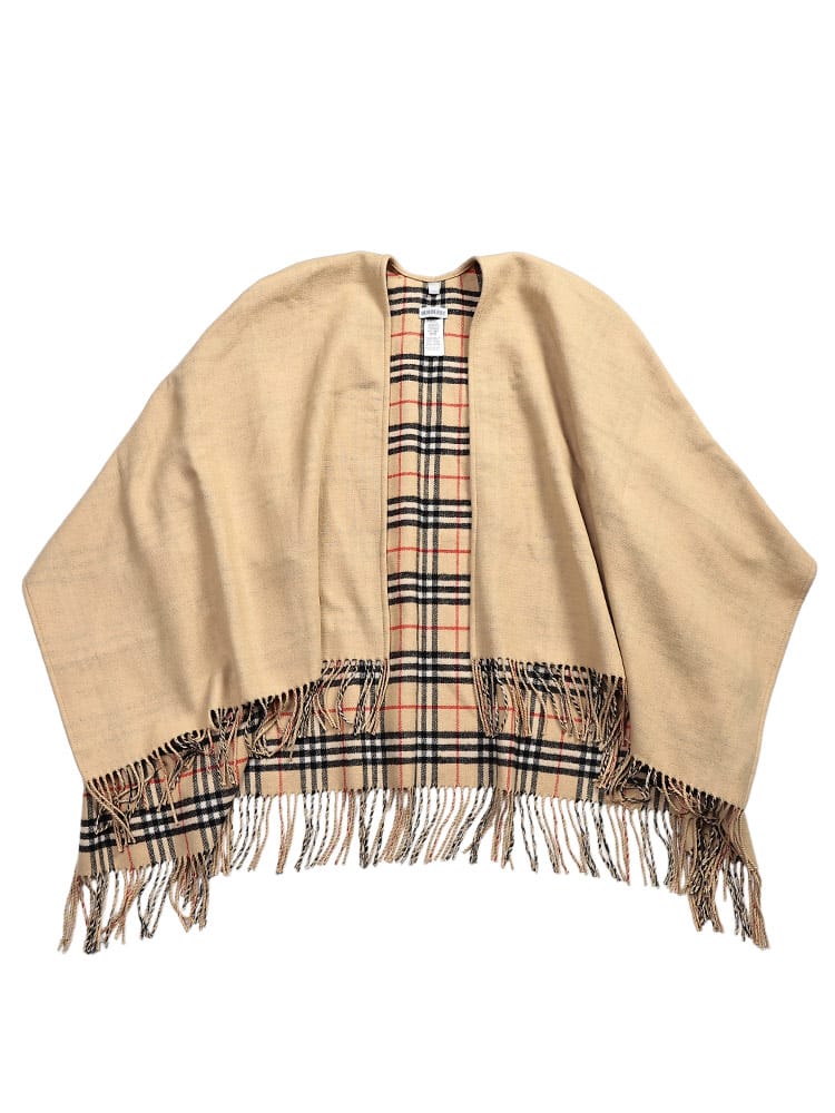 BURBERRY (バーバリー) レディース ケープ リバーシブル 無地 チェック ウール100％ フリンジ 大判 ケープ  BBL8122805