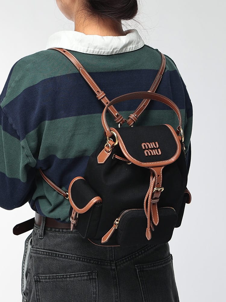MIU MIU (ミュウミュウ) レディース バックパック レザーロゴ 2WAY キャンバス×レザー クロスボディバッグ MIU5BZ0432IBQ MIU5BZ0432IBQ