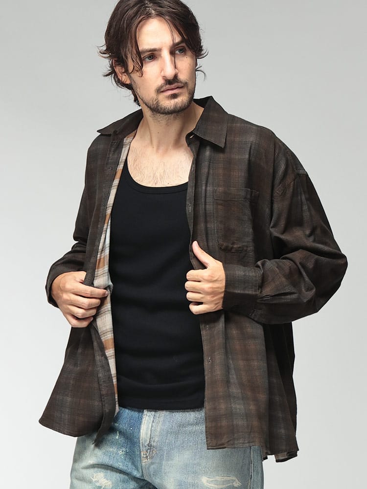 OUR LEGACY (アワーレガシー) メンズ シャツ 長袖 コットン モアチェックプリント パールボタン カジュアルシャツ Borrowed Shirt OLM4262BMC