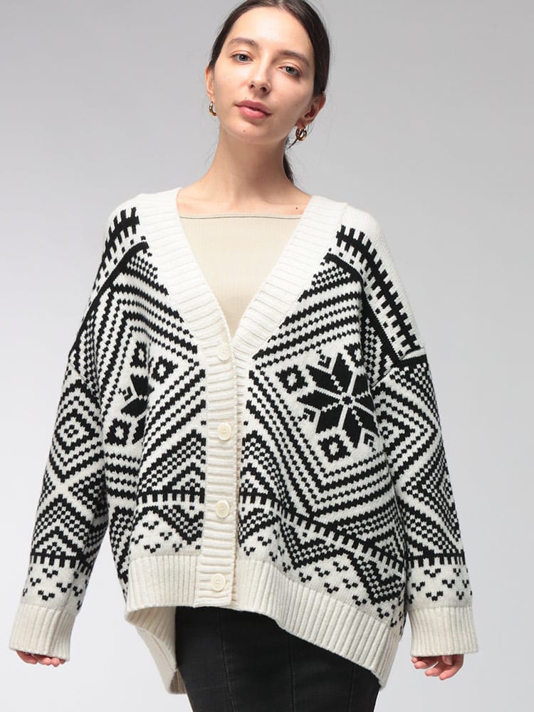 WEEKEND MAX MARA (ウィークエンド マックスマーラ) レディース カーディガン 長袖 ヴァージンウール ノルディック柄 Vネック オーバーシルエット ニットカーデ MXLBELGIO6