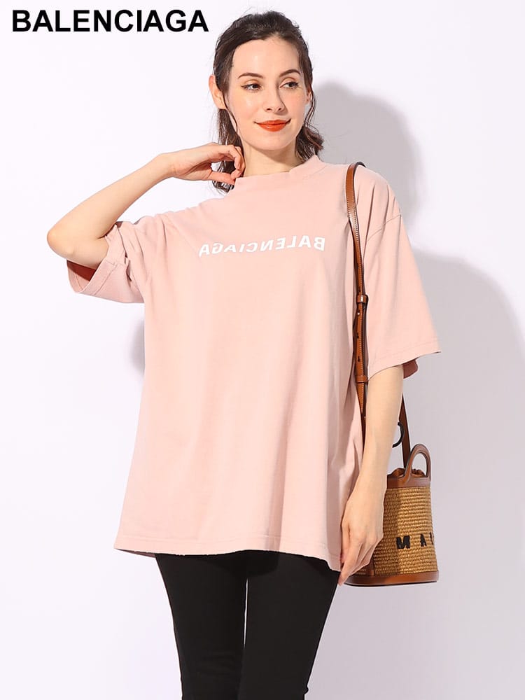 BALENCIAGA (バレンシアガ) ダメージ加工 ミラーロゴ クルーネック 半袖 Tシャツ BCLTNVV85708 レディース