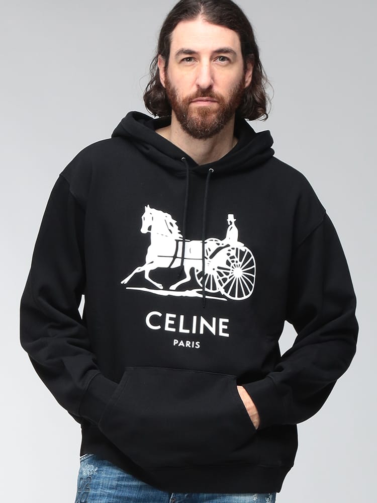 CELINE (セリーヌ) メンズ パーカー 長袖 裏毛 ロゴ カレーシュ フロック ポケット付き プルオーバー パーカー CELRY0U1510Z